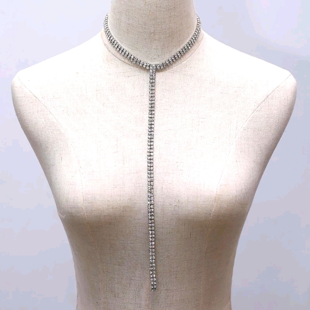 Silver Plunging Rhinestone Choker Drop Necklace